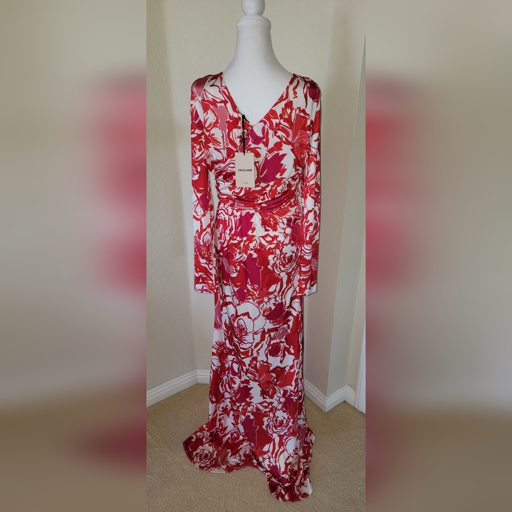 NWT Roberto Cavalli Floral V-Neck Long Sleeve Dress, Size 46